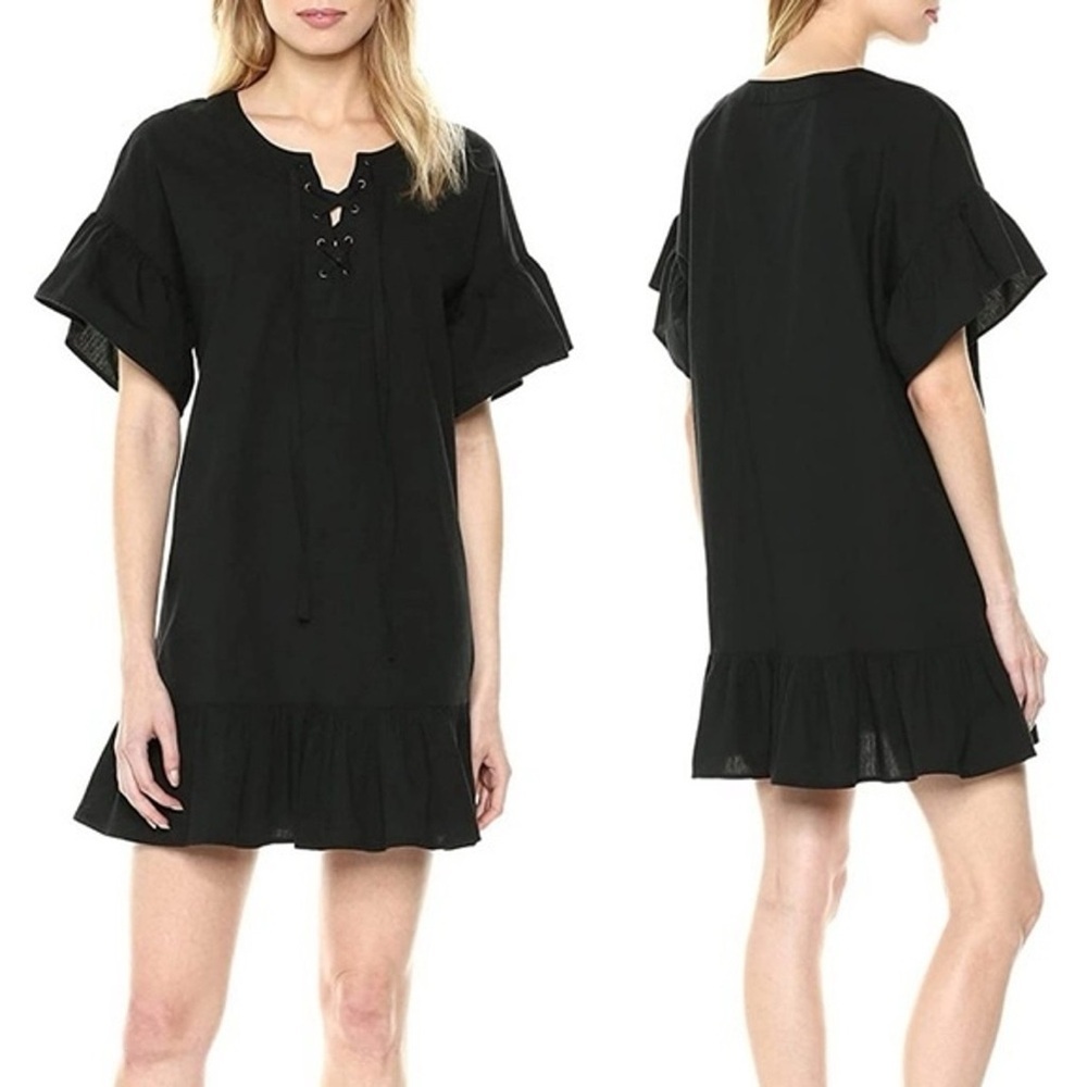 Lucky Brand Black Linen Ruffle Hem Lace Up Dress Size XS